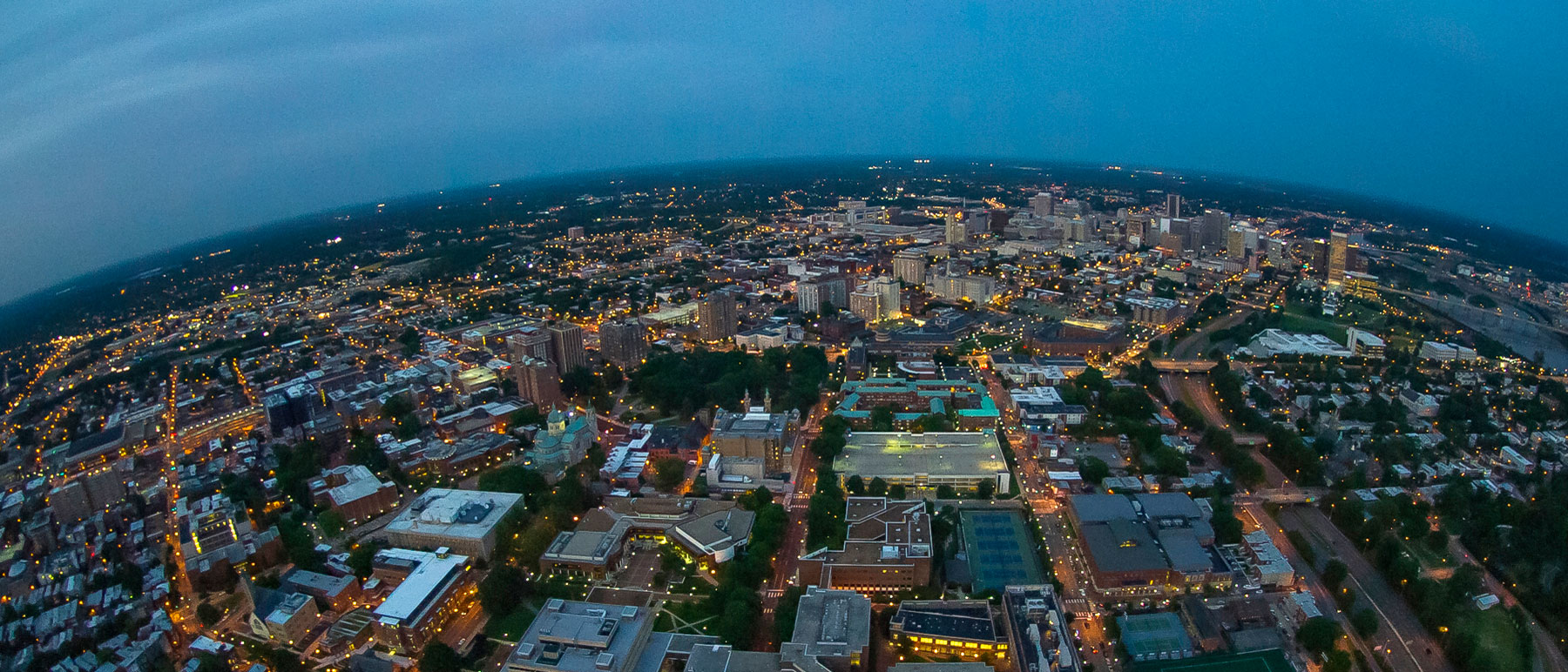 night aerial view of richmond virginia and the v.c.u. campus