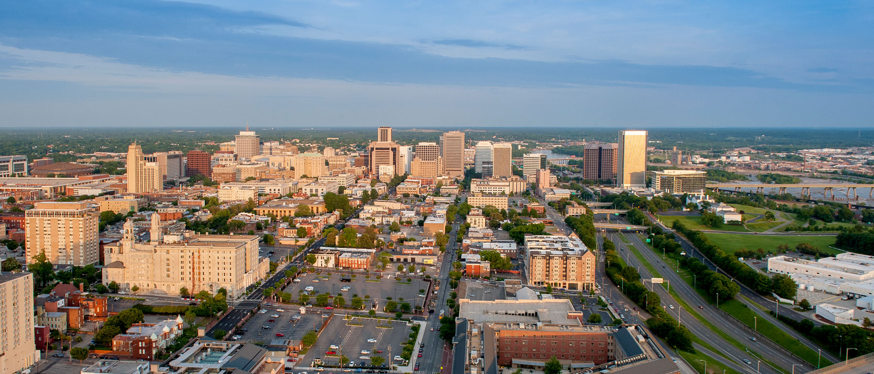 sunny aerial view of downtown richmond virginia and the v.c.u. campus