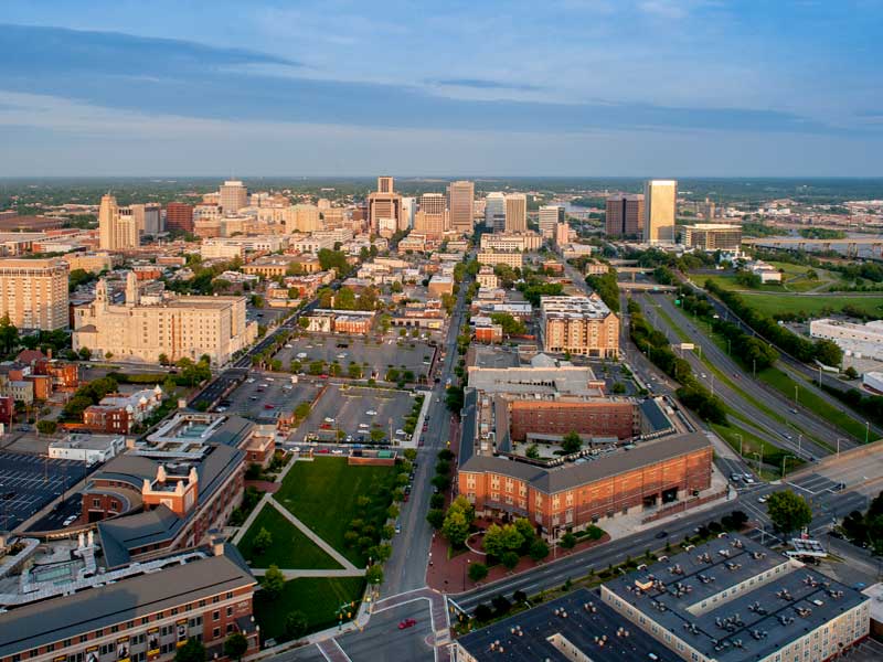 sunny aerial view of richmond virginia and the v.c.u. campus
