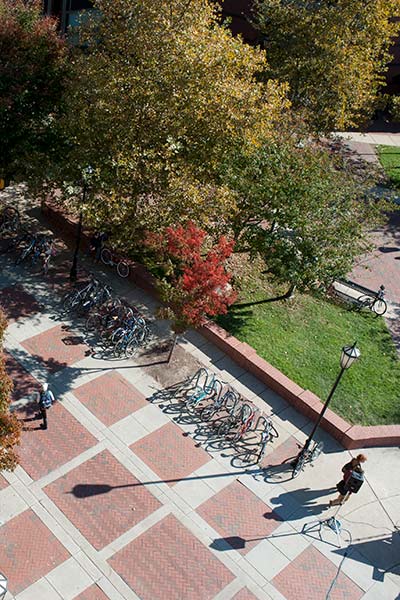 an aerial view of the promenade in front of Hibbs Hall on the v. c. u. campus.