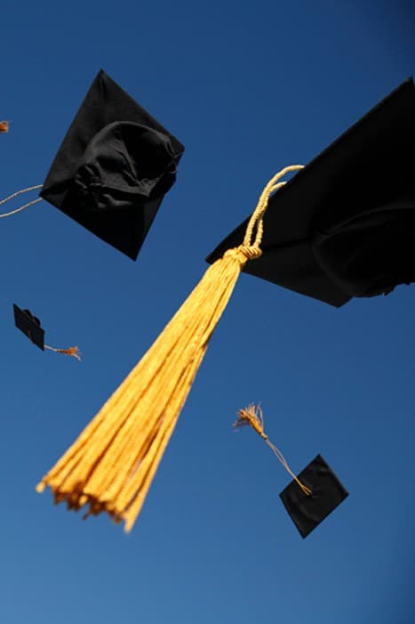 Blue sky with black graduation caps and yellow tassels