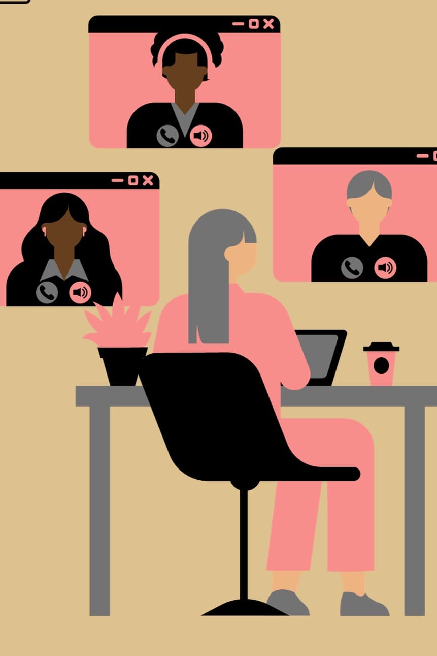 Person in pink sitting at computer desk with virtual video calls above